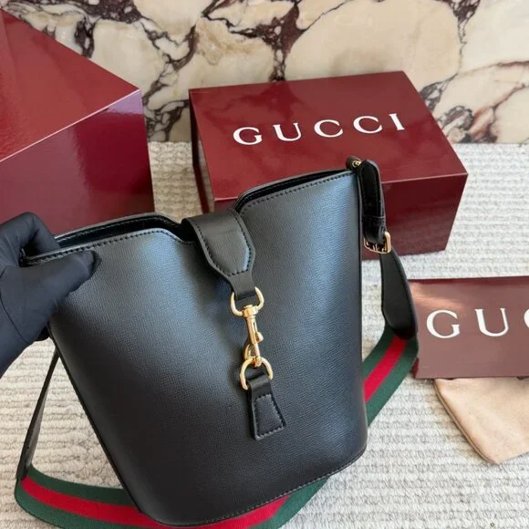 Gucci Black Leather Mini Bucket Bag Web Stripe Shoulder Strap + Box - Picture 5 of 8